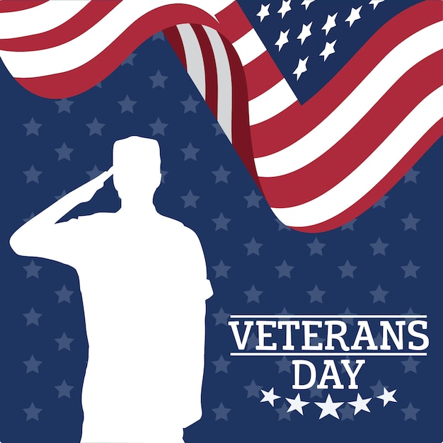 Celebração do dia dos veteranos com bandeira americana e design de ilustração vetorial de silhueta de soldado