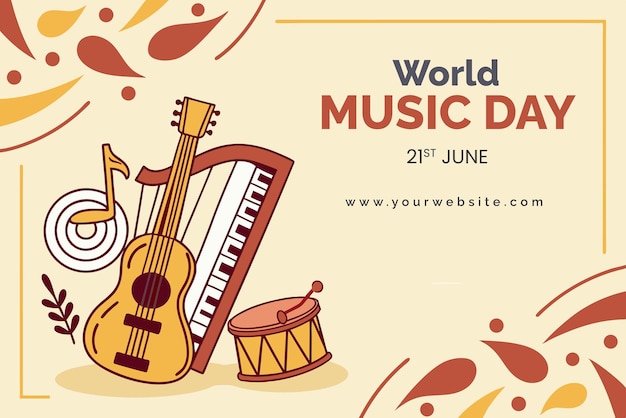 Celebração do Dia Mundial da Música com ilustrações de vários instrumentos musicais