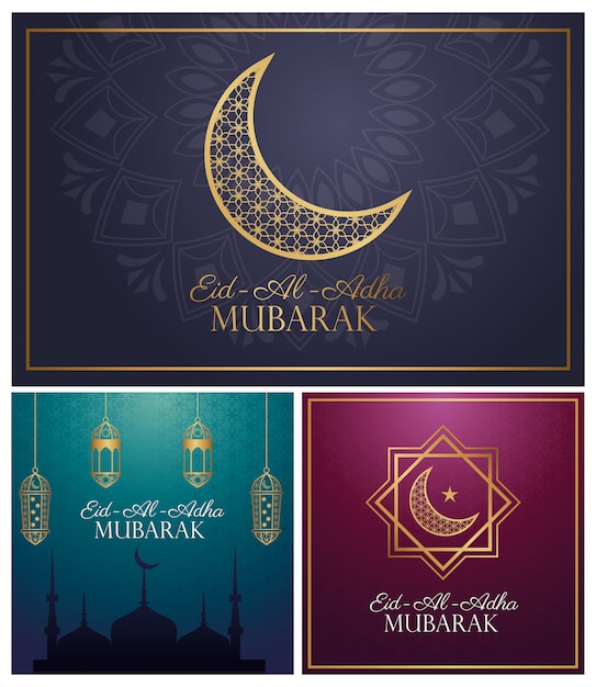 Celebração do eid al adha mubarak com ícones dourados