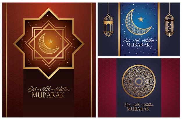 Celebração do eid al adha mubarak com ícones dourados