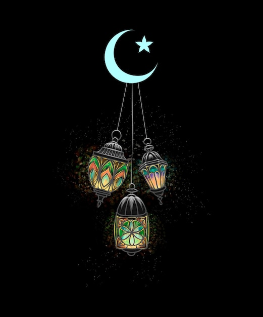 Celebração do eid mubarak. islam, lantern fanus. a festa muçulmana do mês sagrado do ramadan kareem. lâmpada árabe iluminada. ilustração