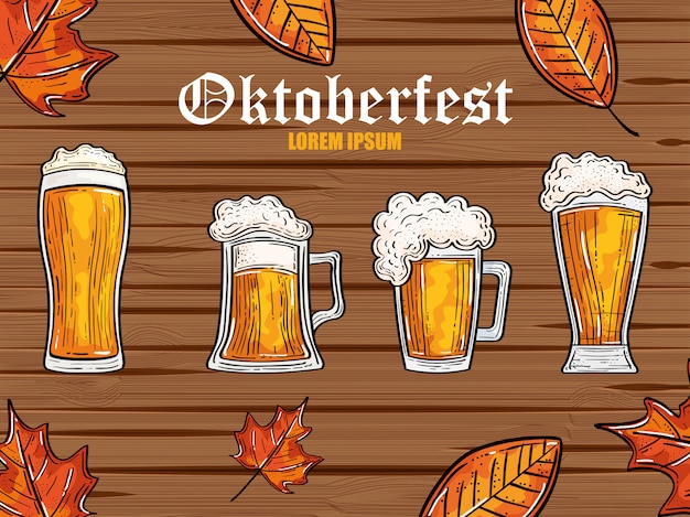 Celebração do festival oktoberfest com cervejas e folhas de outono