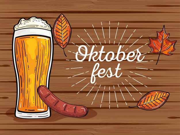 Celebração do festival Oktoberfest com copo de cerveja, sasage, folhas de outono