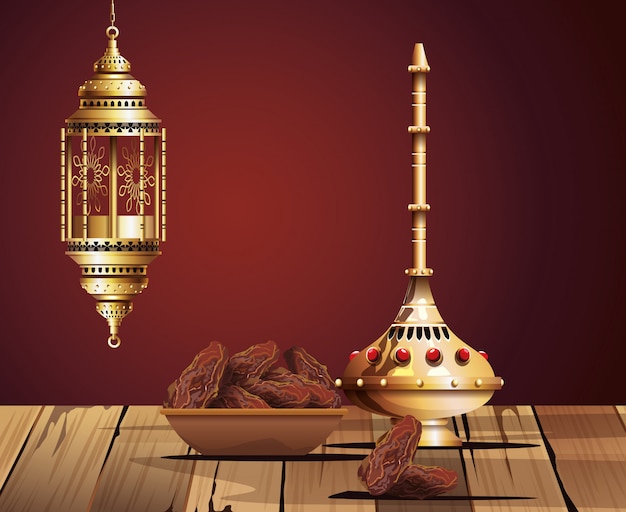 Celebração do ramadã kareem com cálice dourado e comida