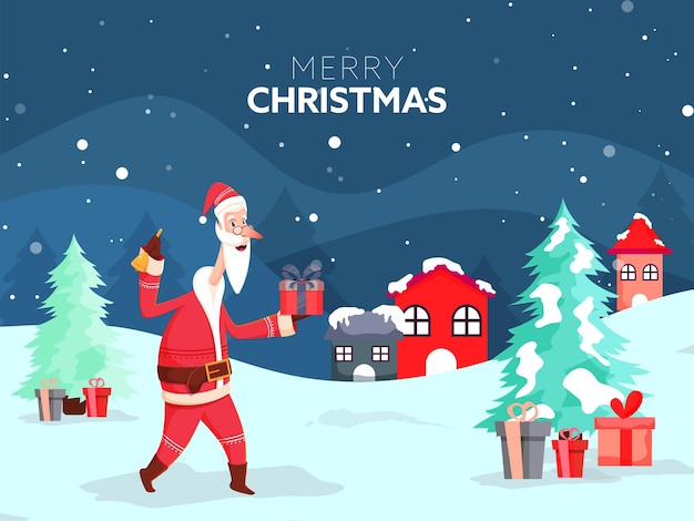 Celebração Feliz de Natal Design de cartaz com desenho animado Papai Noel segurando um sino Caixas de presentes de Natal Árvores e casas na neve caindo fundo azul