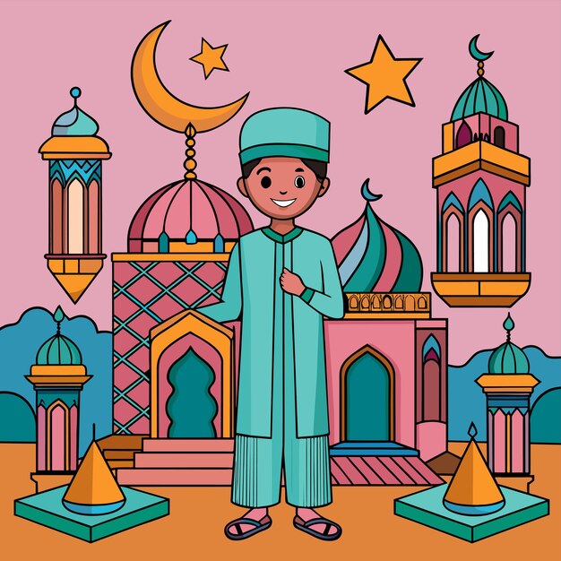 Vetor celebração islâmica do ramadão festa iftar mascote desenhado à mão personagem de desenho animado adesivo conceito de ícone