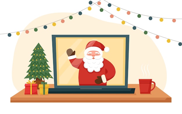 Celebração online do natal - papai noel na tela do laptop