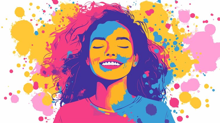 Vetor celebração vibrante de holi mulher coberta com pó colorido