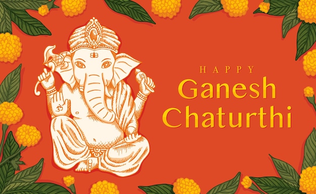 Celebre a adoração do elefante ganesh chaturthi com adoração flores amarelas e folha de manga retrô velho l