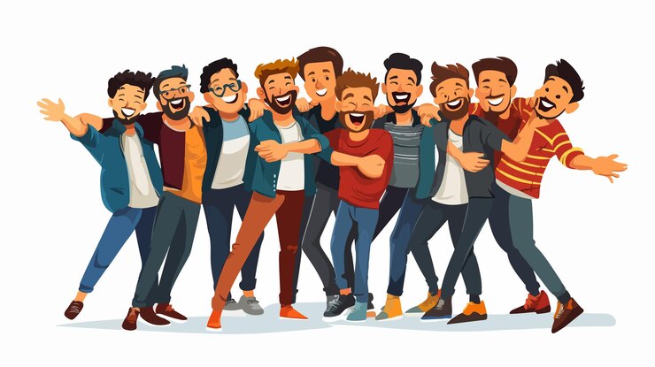 Vetor celebre o dia da amizade com um grupo de homens felizes em design plano