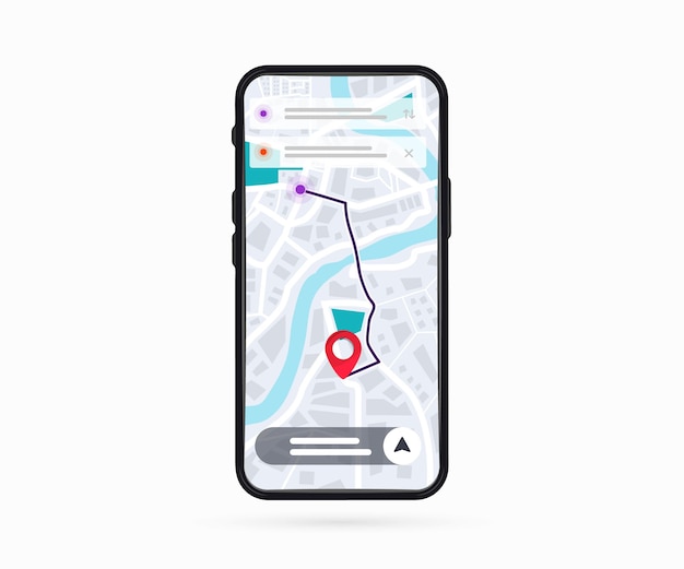 Celular com mapa de navegação gps digital com app de navegação gps de ponto na tela do smartphone