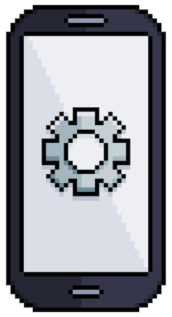 Celular pixel art com ícone de vetor de ícone de engrenagem para jogo de 8 bits em fundo branco