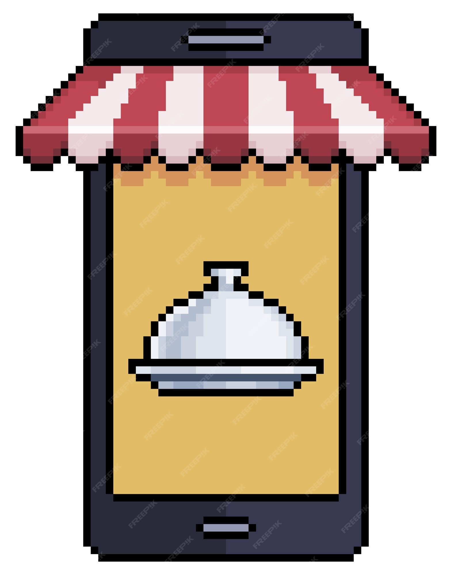 Celular pixel art com toldo e prato de comida, ícone vetorial de