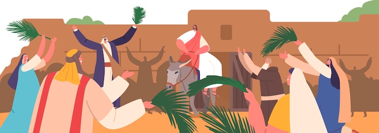 Vetor cena bíblica personagem de jesus chega triunfante a jerusalém montado em um burro enquanto a multidão deita folhas de palmeira