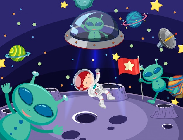 Cena com alienígenas e astronauta no espaço