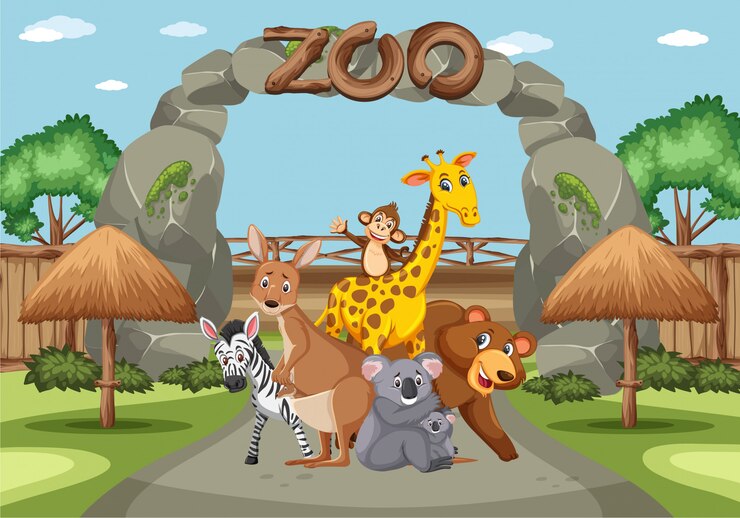 Vetor cena com animais selvagens no zoológico durante o dia