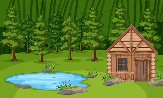 Vetor cena com cabana de madeira à beira da lagoa na floresta verde
