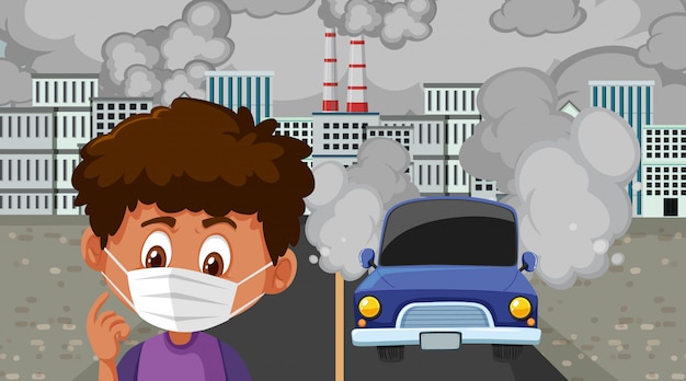 Vetor cena com carros e edifícios da fábrica fazendo fumaça suja na cidade