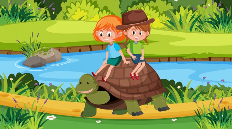 Vetor cena com duas meninas montando tartaruga no parque