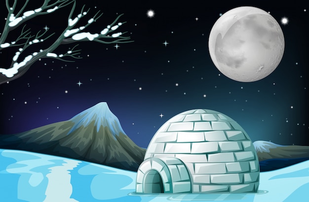 Cena com iglu na noite fullmoon