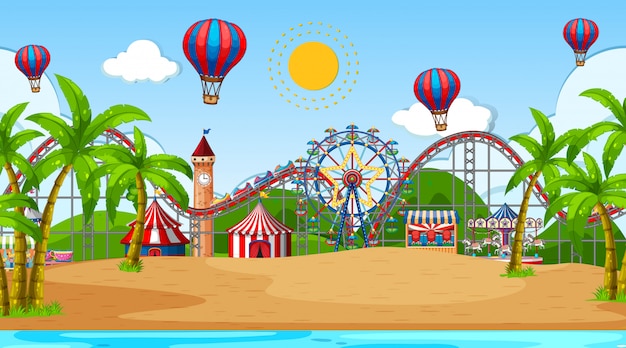 Cena com muitos passeios de circo e balão de ar quente na praia