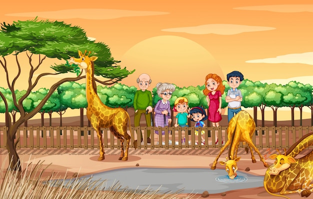 Cena com pessoas olhando girafas no zoológico