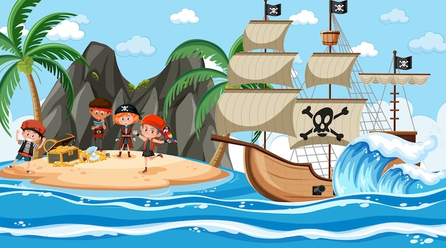Cena da ilha do tesouro durante o dia com crianças piratas