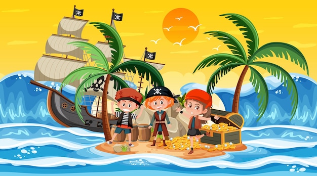 Cena da ilha do tesouro na hora do pôr do sol com crianças piratas