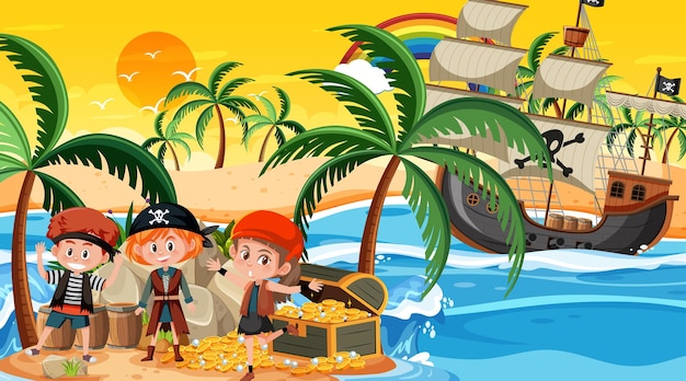Cena da ilha do tesouro na hora do pôr do sol com crianças piratas
