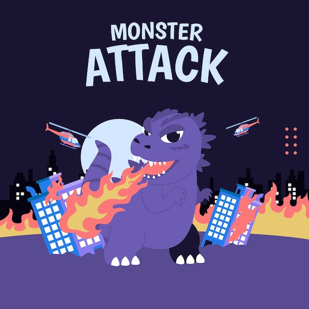 Cena de ataque de invasão de monstro lagarto bonito com ilustração de chamas de helicóptero e cidade