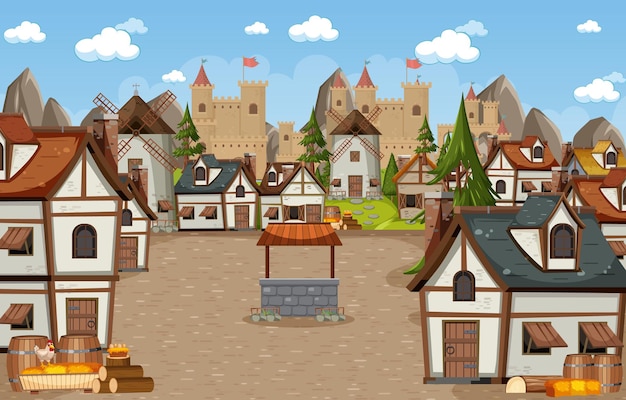 Vetor cena de cidade medieval com fundo de castelo