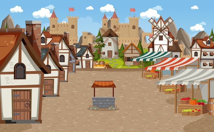 Vetor cena de cidade medieval com mercado