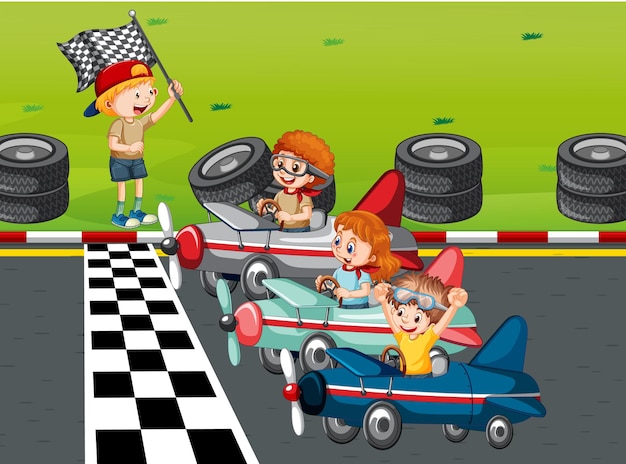 Cena de derby soapbox com carro de corrida de crianças