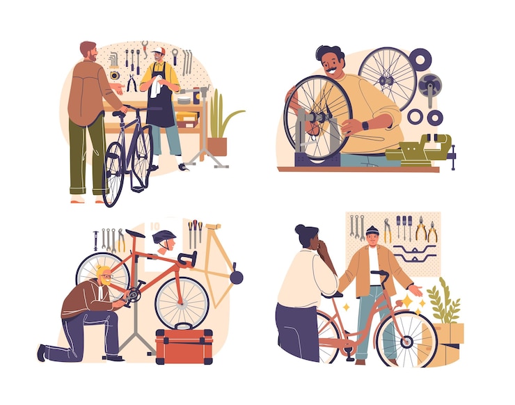 Vetor cena de desenho animado de uma oficina de reparação de bicicletas com um trabalhador mecânico profissional a consertar bicicletas personalizadas e clientes