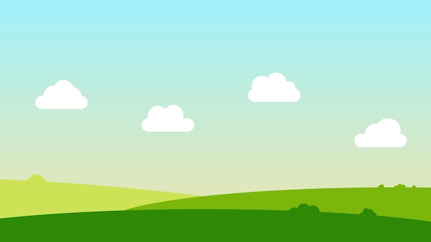 Vetor cena de desenho de paisagem com arbusto nas colinas e nuvem branca no fundo do céu azul