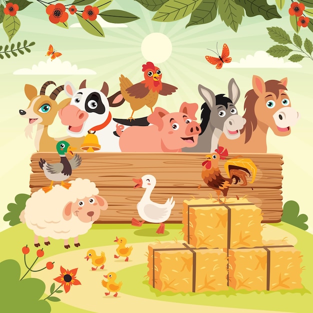 Cena de fazenda com animais de desenho animado