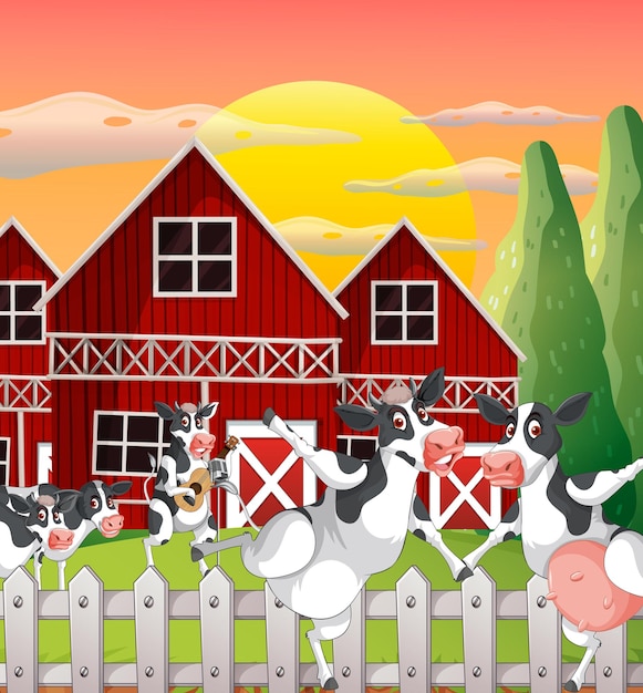 Vetor cena de fazenda de vacas ao ar livre com animais felizes