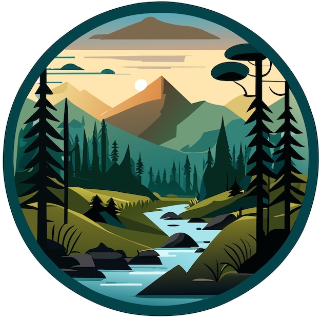 Cena de floresta com rio e muitas árvores desenhada à mão adesivo de desenho animado ícone ilustração de conceito