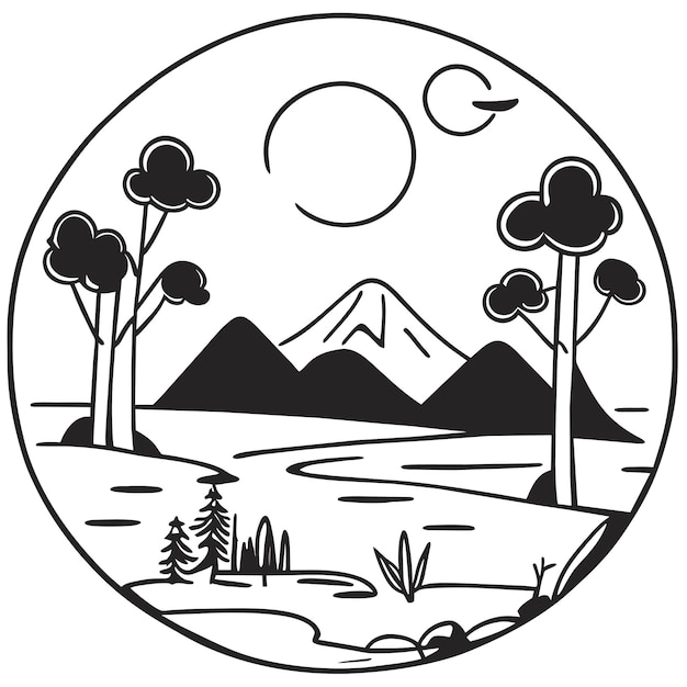 Vetor cena de floresta com rio e muitas árvores desenhada à mão adesivo de desenho animado ícone ilustração de conceito
