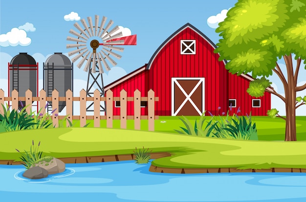 Vetor cena de fundo com celeiro vermelho e moinho de vento na fazenda