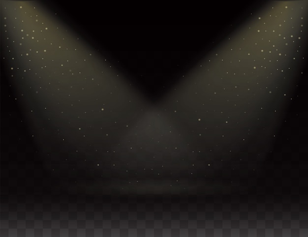 Cena de holofotes, dois raios de luz em fundo transparente. efeito de luz brilhante no palco vazio.
