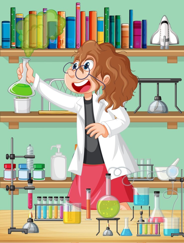 Vetor cena de laboratório com personagem de desenho animado de cientista