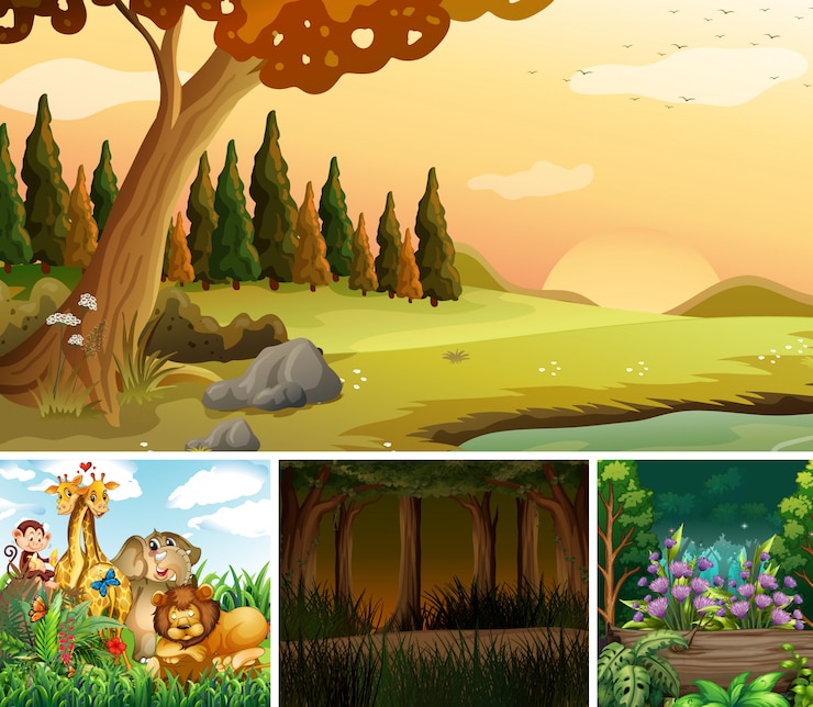 Vetor cena de natureza diferente quatro da floresta e estilo cartoon de animais selvagens