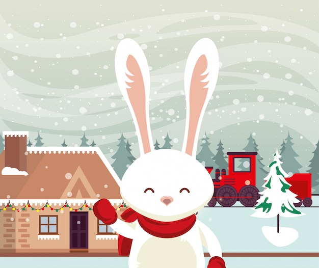 Cena de neve de natal com coelho
