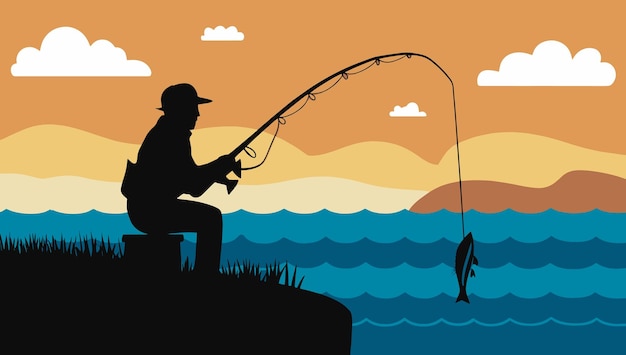Cena de pesca de pescadores em estilo retrô plano
