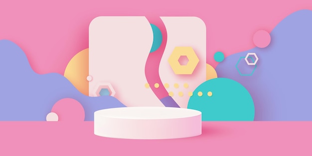 Cena de pódio 3D ou pedestal em fundo pastel com estúdio de artesanato de corte de papel de formas geométricas mínimas para design de maquete de produto de exibição. Ondas, círculos, hexágonos. Vetor