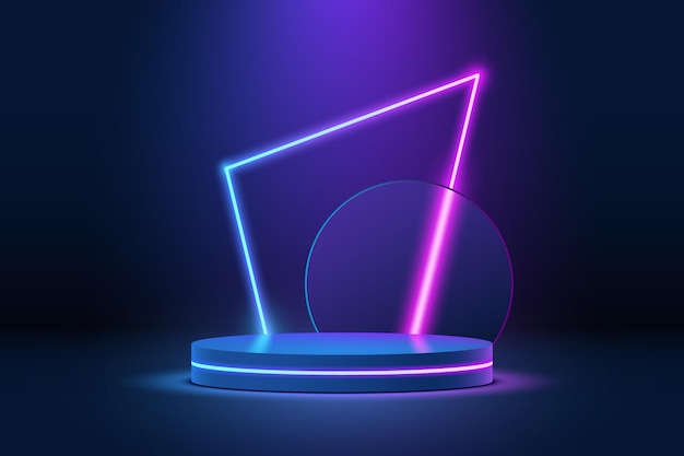 Cena de pódio de palco 3D com fundo de luz neon. Exibição do produto, cenário de palco ou apresentação