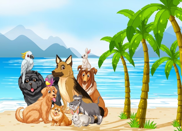 Cena de praia ao ar livre com grupo de animais de estimação