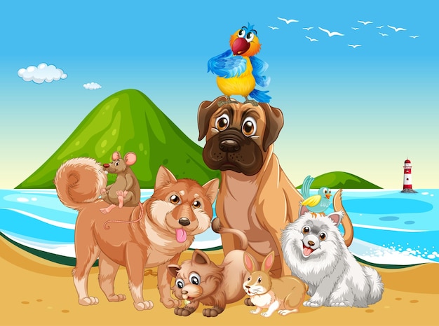 Cena de praia ao ar livre com grupo de animais de estimação