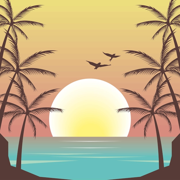 Vetor cena de praia marinha com palmeiras